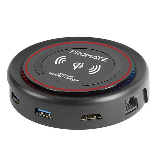 Promate USB C Hub with Qi Wireless Charger, USB Type-C Docking Station with 100W Type-C Power Delivery, HDMI 4K, Dual USB Port, Ethernet Port and Detachable Qi Wireless Charging Pad, CenterHub - Maroon